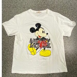 Okay Mickey Mouse Graphic T-Shirt Women Large White Excellent Rhinestone Sequin